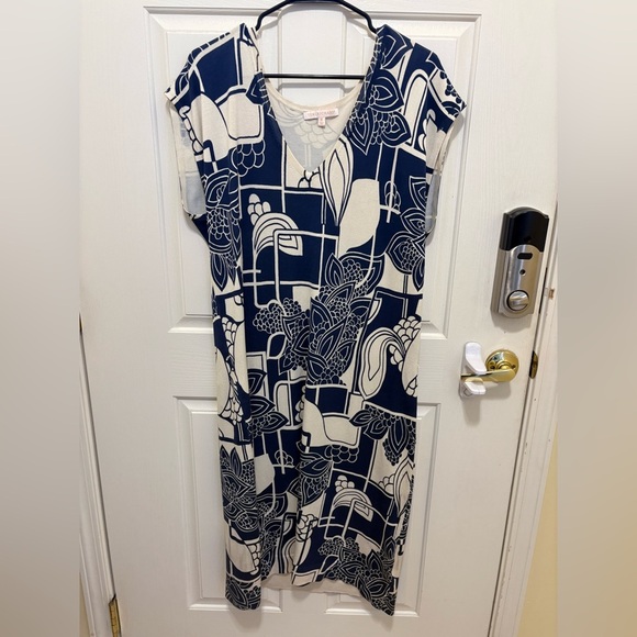 Tori Richard XL Blue & White Abstract Geo-Botanical Shift Dress – Resort Wear - Picture 1 of 3